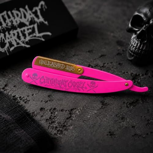 The open pink razor on dark slate beside its black box, the brass blade plate engraved Unleashed 2026.